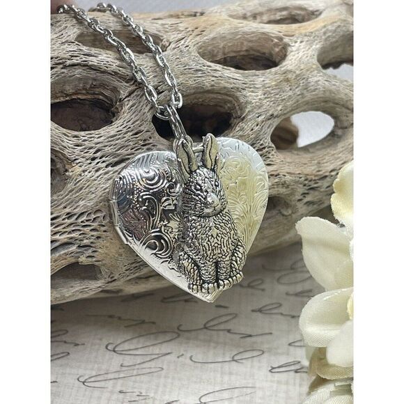 Heart SILVER BUNNY RABBIT Locket Necklace JEWELRY Pendant PHOTO Picture CAMEO - Picture 7 of 12